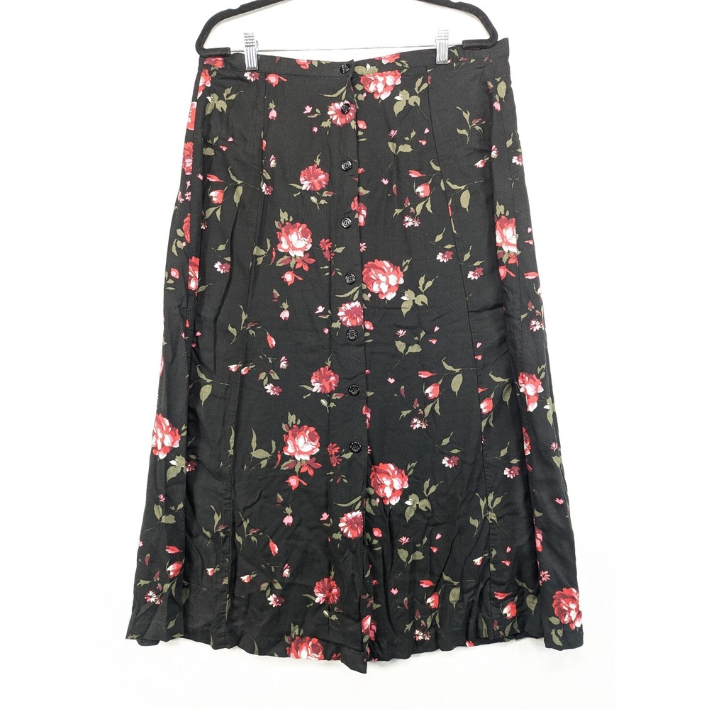 TR Bentley Vintage Floral Button Front Midi Skirt Black Red Rose Rayon XL